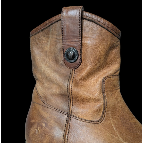 Frye Melissa Button Short Boots Sz 6 Cognac Brown Leather Distressed Rustic Low - Picture 10 of 12